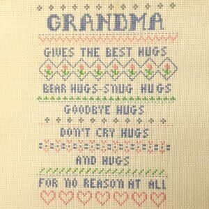 Vintage 90s Finished Cross Stitch Grandma Hugs Hand Stitched Love Wall Hanging